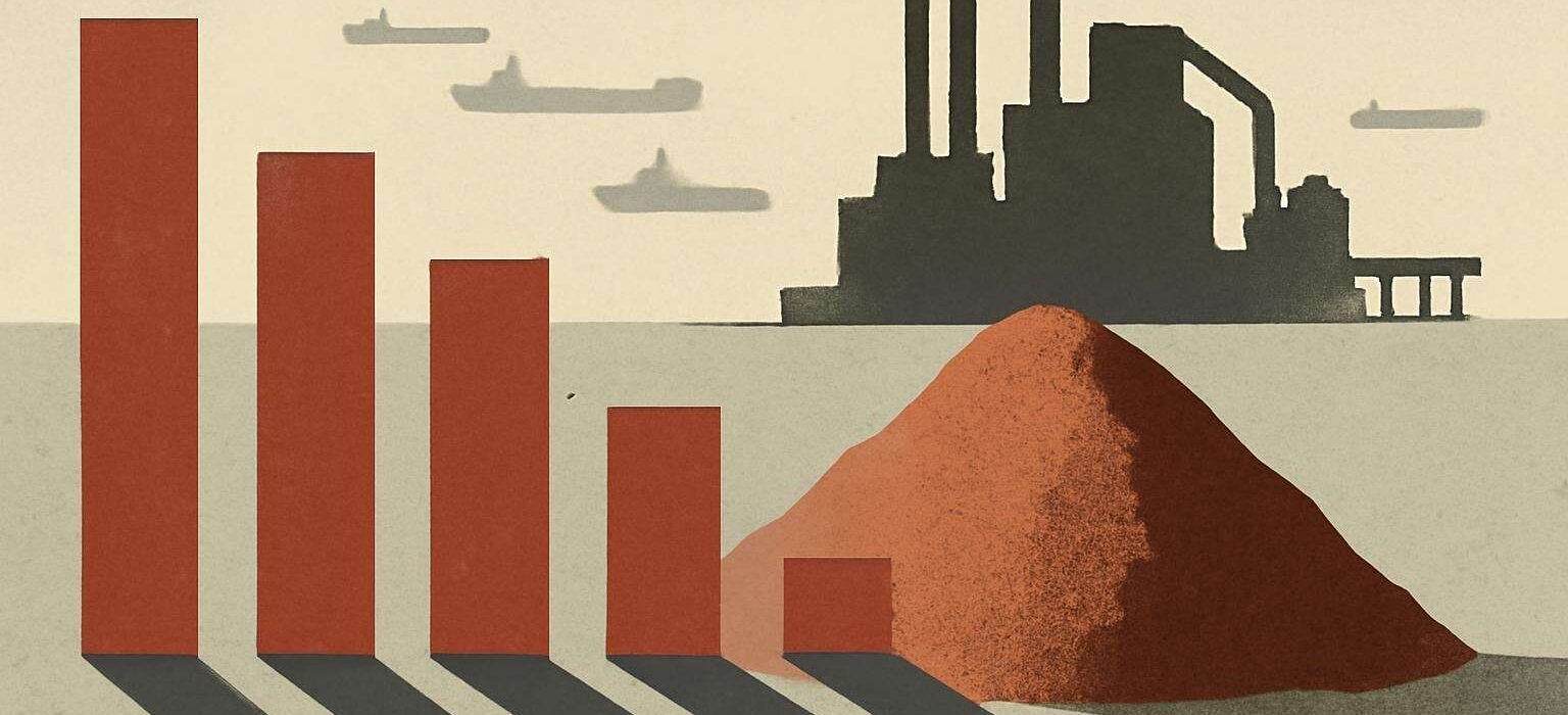Minério de ferro cai 3,12% na China e atinge a menor cotação em 18 meses